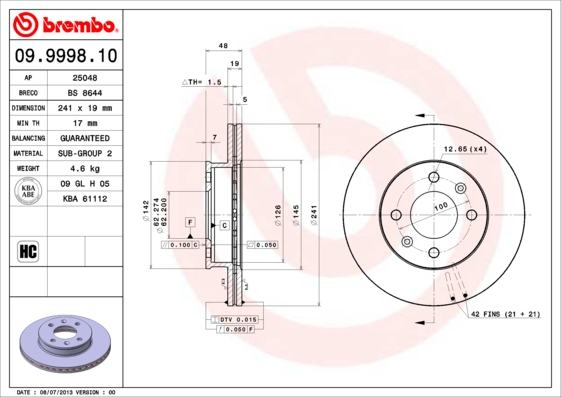 09999810 BREMBO Тормозной диск