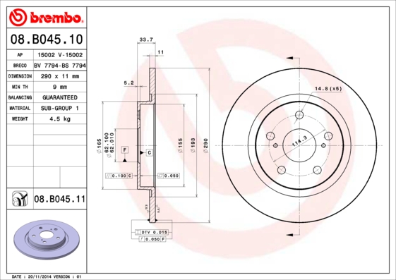 08B04511 BREMBO Тормозной диск