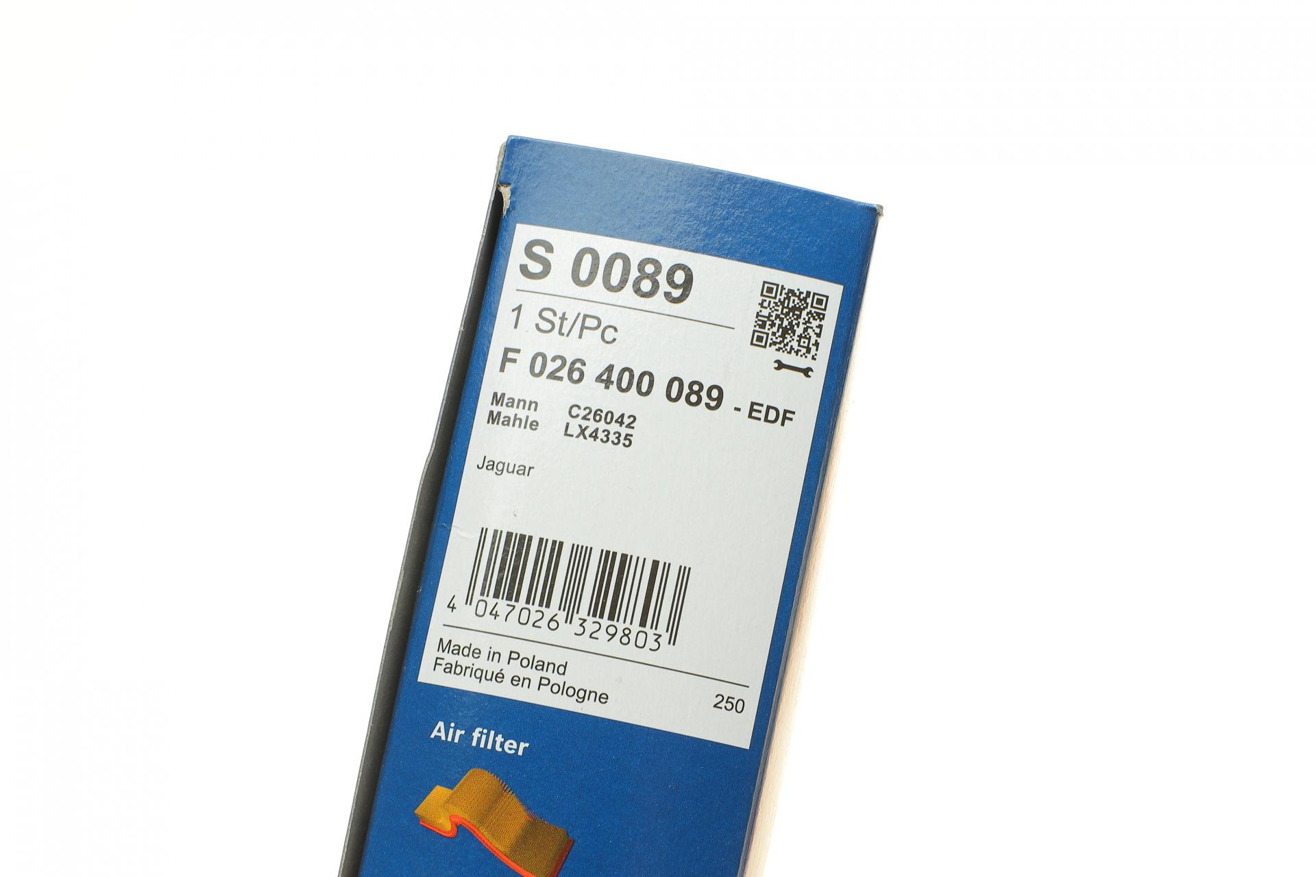 F026400089 BOSCH Фильтр воздушный Jaguar XE/XF/Land Rover Range Rover 2.0/3.0D/5.0 17-