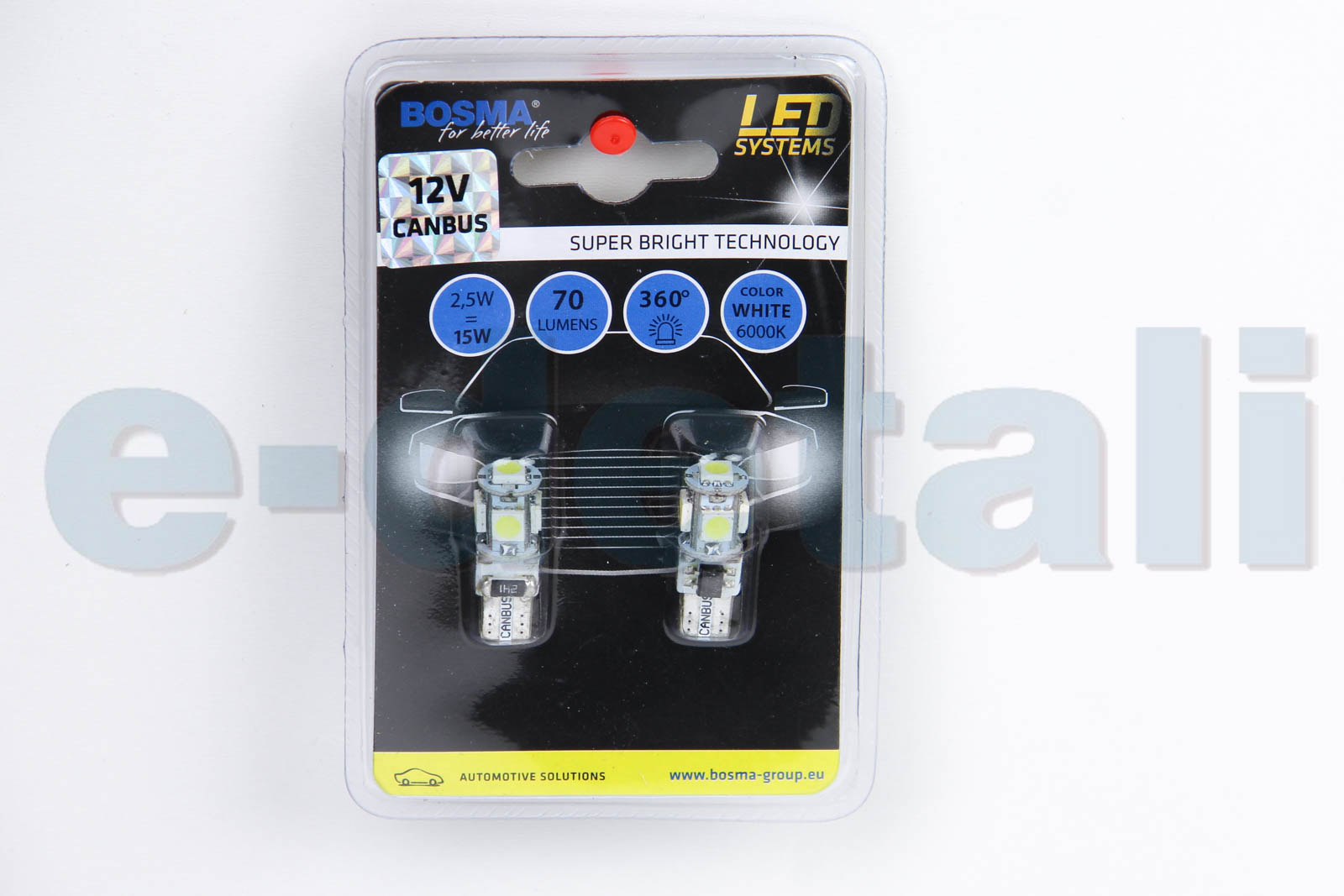 4199 BOSMA Автолампа T10 LED 12V 5XSMD 5050 LED WHITE DOUBLE POLARITY CANBUS (2 шт)